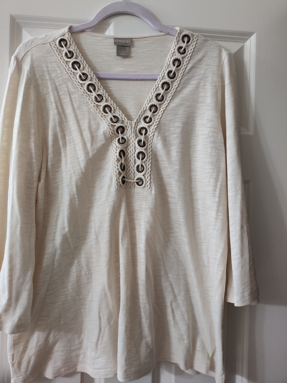 Chico's Cream V-Neck Crochet-Trim Long Sleeve Tunic